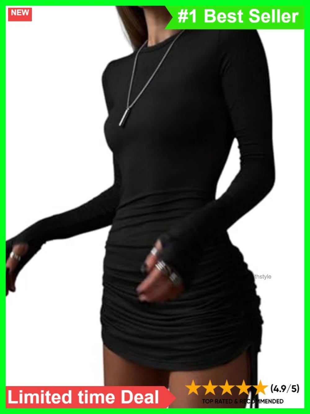 Women's Ruched Long Sleeve Mini Bodycon Dress Drawstring Fitted Club Cocktail
